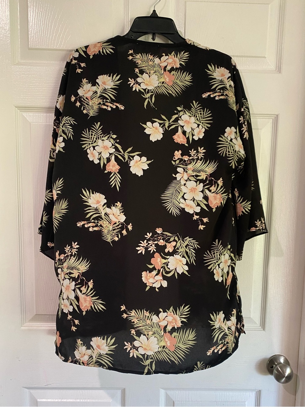 Pink Rose Kimono Black Pink Open Front Medium Boho Resort Hawaiian Tropical - Picture 8 of 12